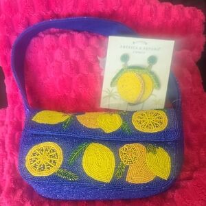 America & Beyond Blue Beaded Bag with Lemon Accents With Matching Earrings